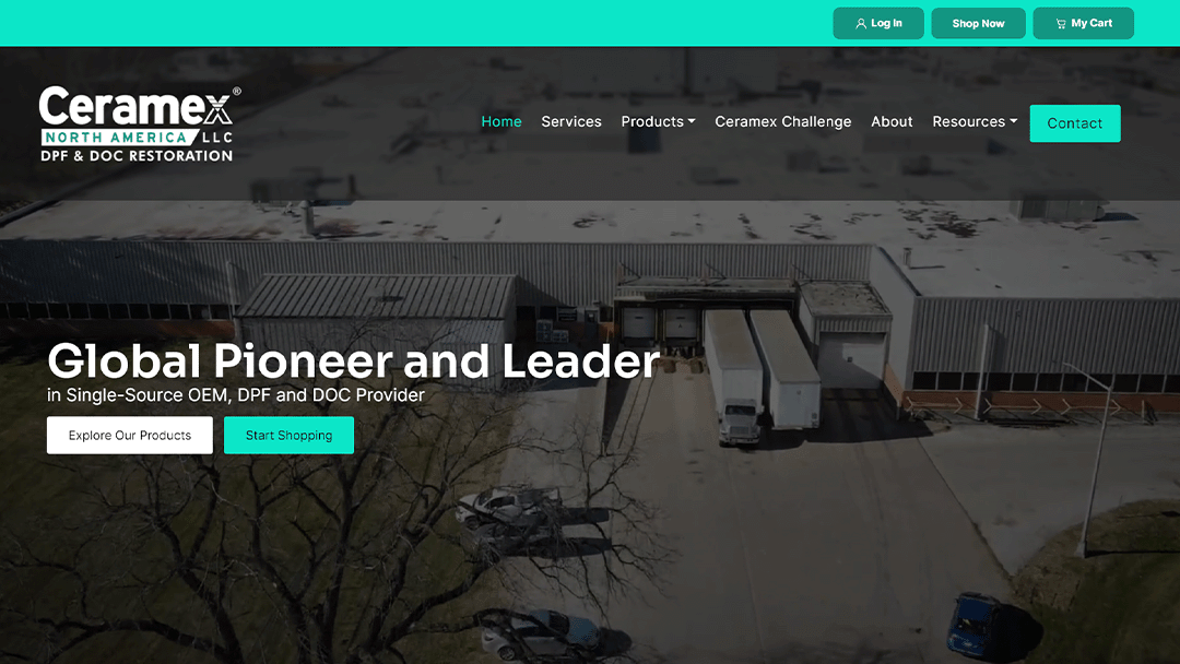 Homepage of Ceramex North America LLC, featuring an aerial view of the company's industrial facility. The text 