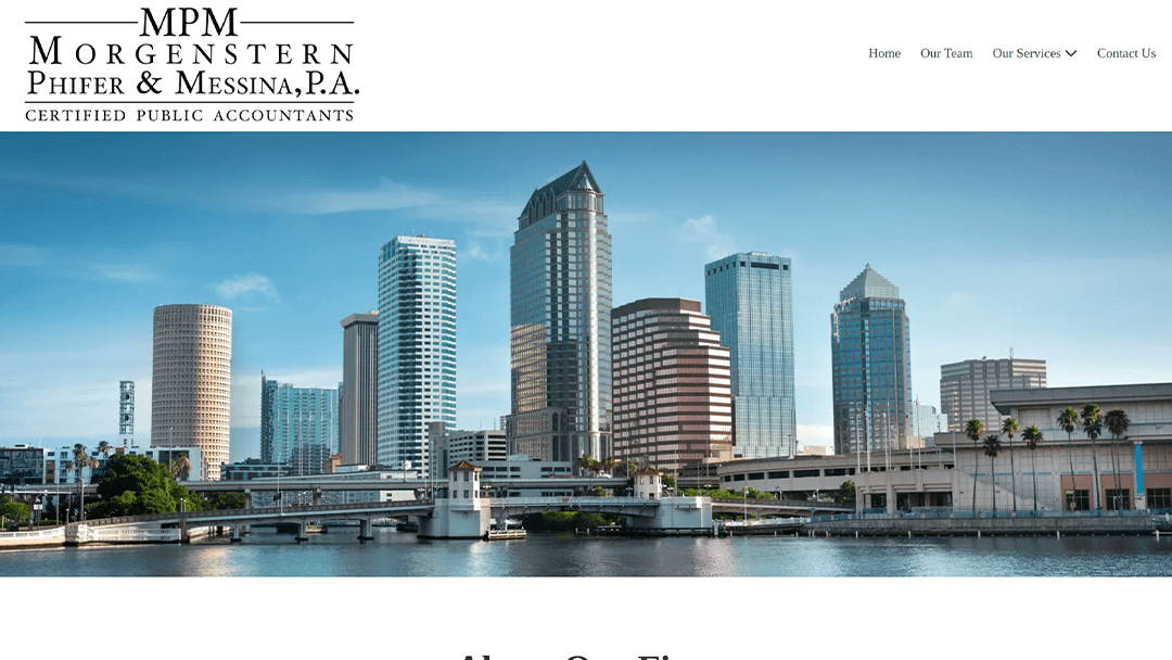 Skyline view of a city's downtown area with modern high-rise buildings along the waterfront. The Morgenstern Phifer & Messina, P.A. logo is visible, indicating certified public accountants. Navigation links to home, team, services, and contact are present.
