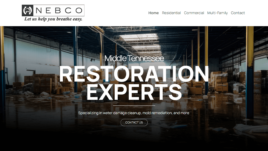 An industrial warehouse with significant water damage, featuring on the NEBCO website. The image highlights their expertise in restoration services, including water damage cleanup and mold remediation, serving Middle Tennessee.