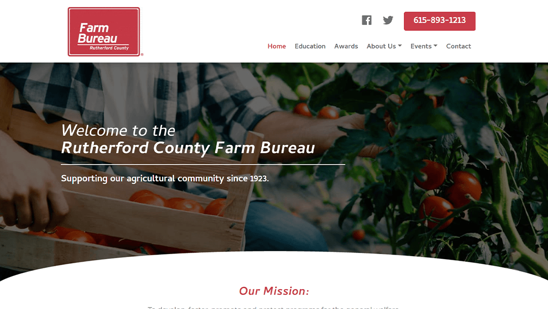 Rutherford County Farm Bureau website screenshot. A person holds a crate of tomatoes in a garden. Text: 