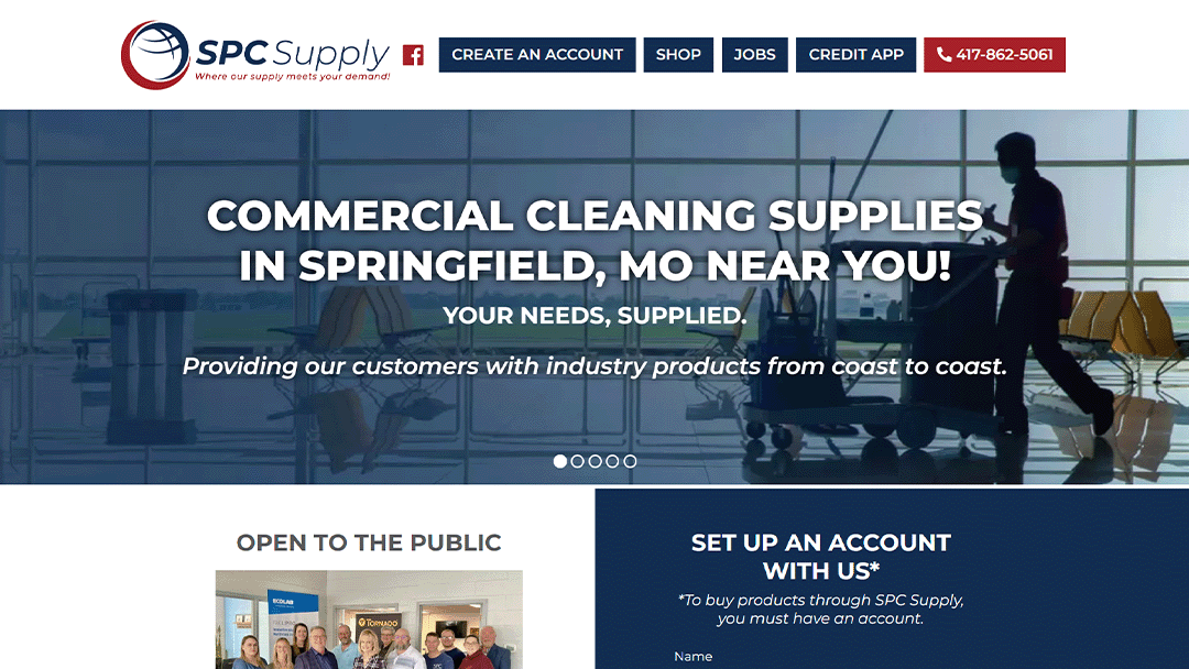 SPC Supply website featuring a background image of a janitor pushing a cleaning cart in a commercial setting. Text reads: 