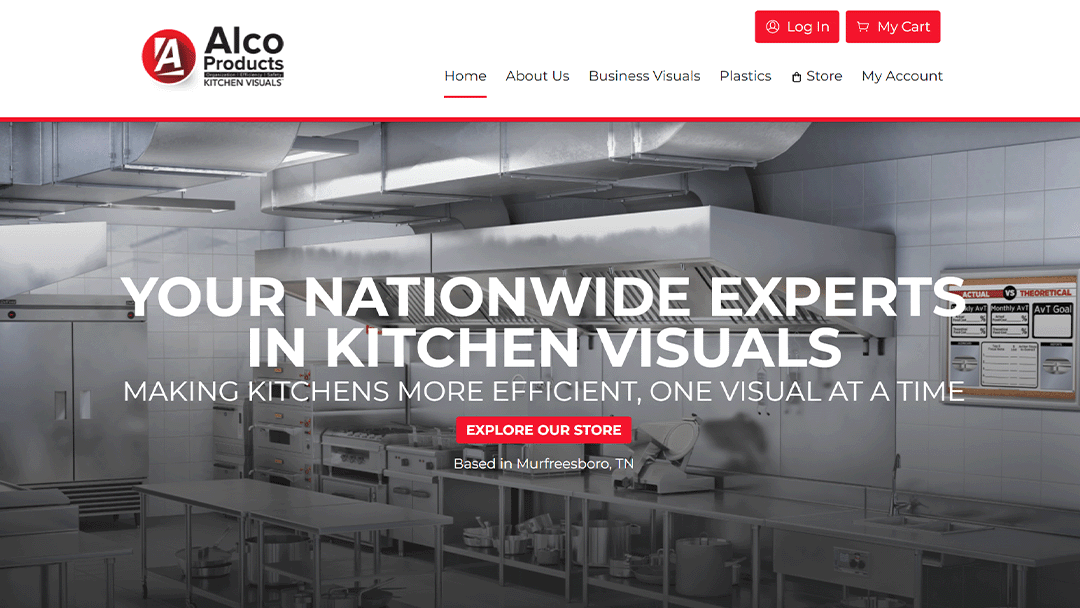 Homepage of Alco Products Kitchen Visuals, featuring a professional kitchen setup. The text 