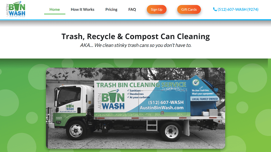 A truck from Austin Bin Wash, designed for trash bin cleaning services, parked on a street. The image, featured on their website, promotes their services which include sanitizing and deodorizing trash, recycle, and compost cans at customers' curbsides.