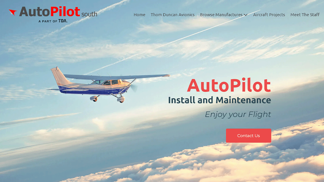 A small airplane flying above the clouds, featured on the AutoPilot South website. The image promotes their autopilot installation and maintenance services, encouraging customers to enjoy their flight with reliable and professional support.