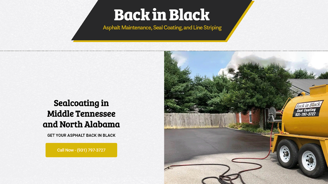 Homepage of Back in Black, featuring an image of a freshly seal-coated driveway with a yellow seal coating machine in the foreground. The text 