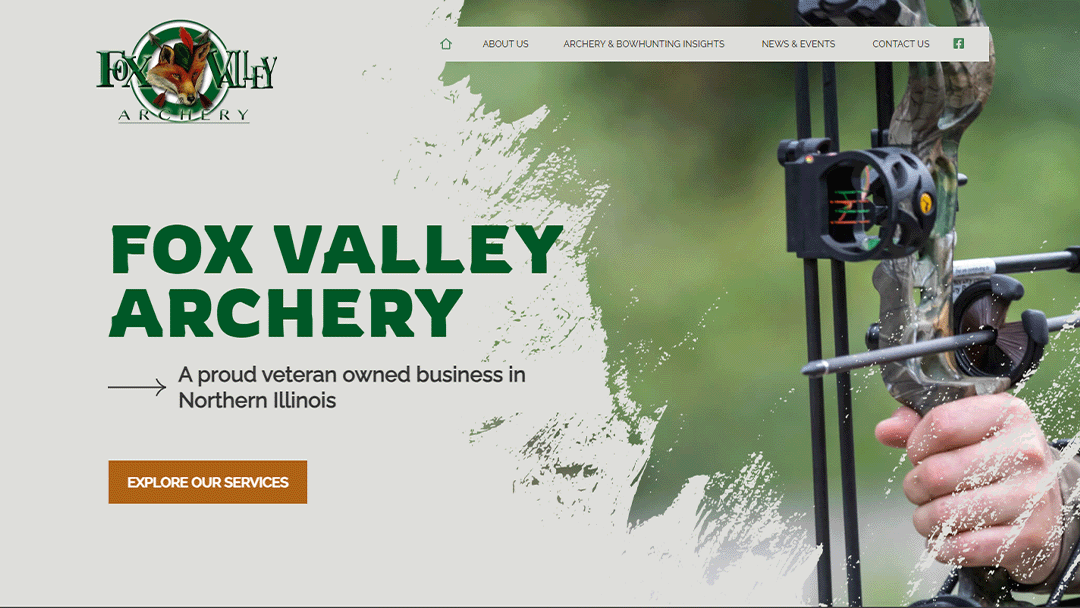 Fox Valley Archery homepage showcasing a close-up of a hand holding a compound bow, emphasizing the business as a proud veteran-owned company in Northern Illinois, with an option to explore their services.
