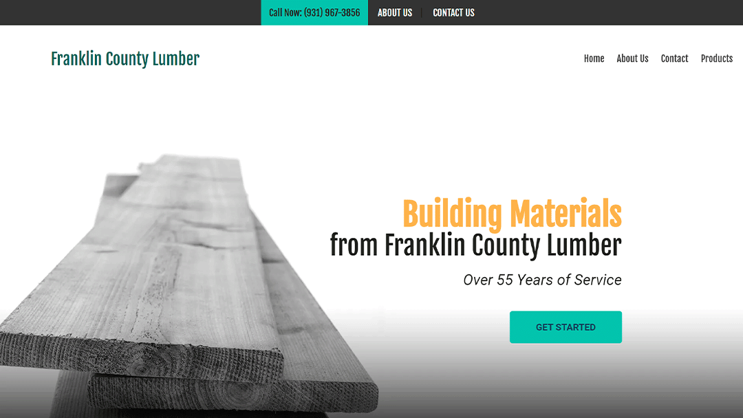 Homepage of Franklin County Lumber, featuring a stack of wooden planks. The text 