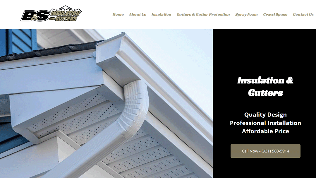 Homepage of B&S Insulation and Gutters, featuring a close-up of a house's gutter system. The text 