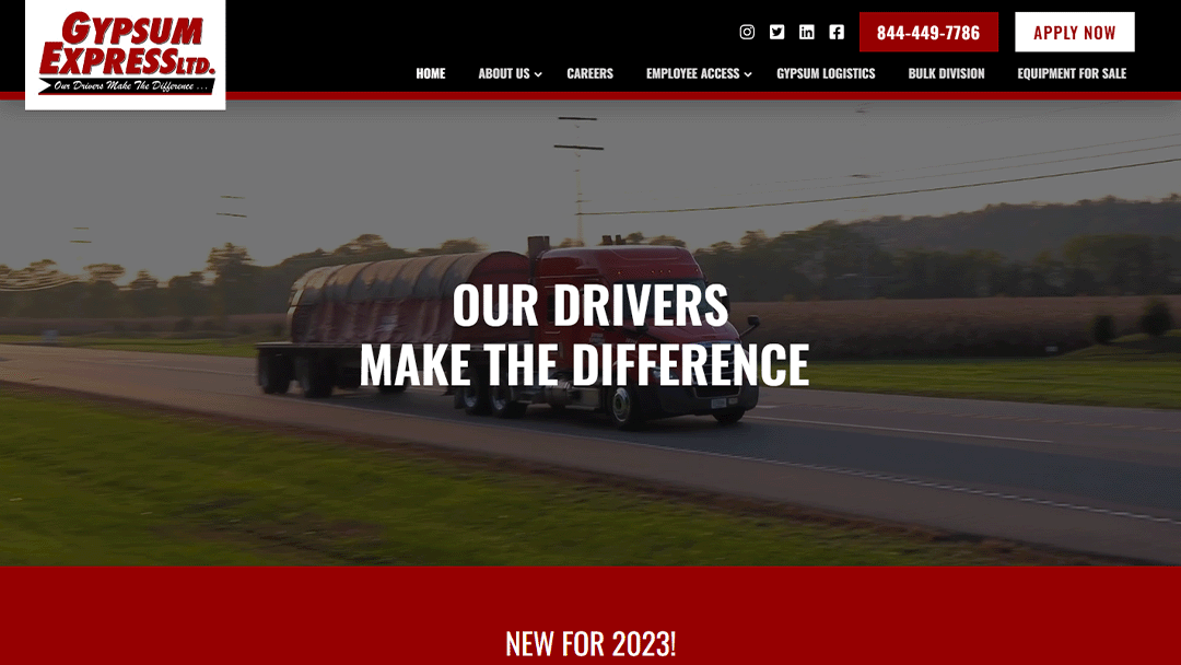 Gypsum Express Ltd. website featuring a red truck hauling materials on a highway, emphasizing the slogan "Our Drivers Make The Difference" with a call to action to apply for a job.