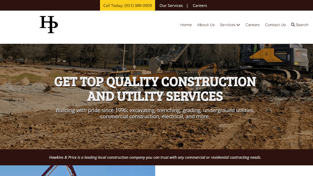 Homepage of Hawkins & Price, featuring a construction site with heavy machinery at work. The text 