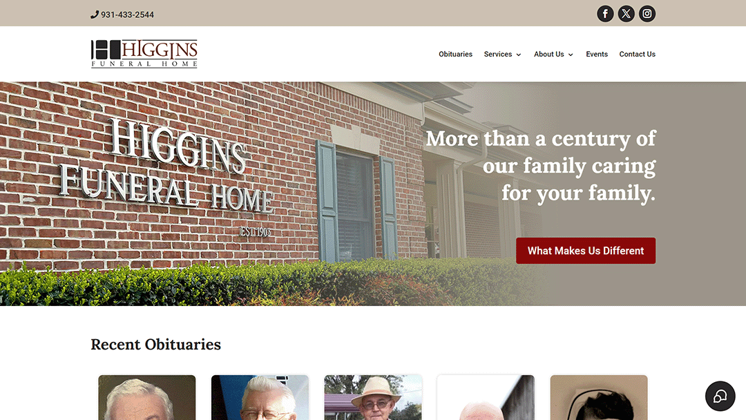 Exterior of Higgins Funeral Home, featuring a brick facade with the company name. The Higgins Funeral Home logo is visible along with navigation links. Text overlay reads 