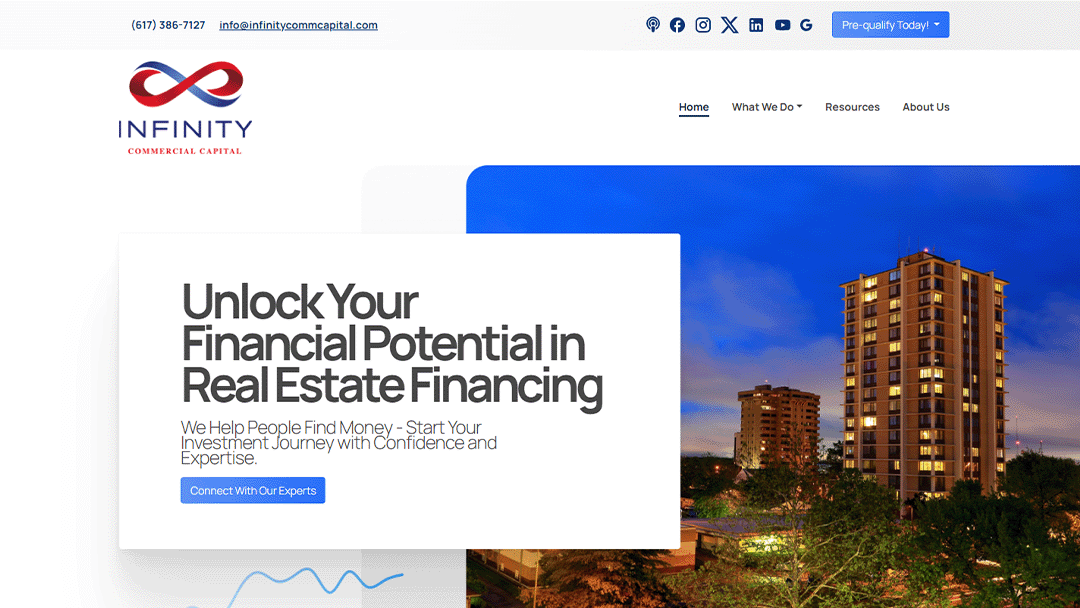 Infinity Commercial Capital homepage featuring high-rise buildings at dusk, with a prominent message to "Unlock Your Financial Potential in Real Estate Financing," inviting users to connect with their experts for investment journey assistance.