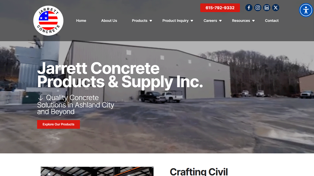 Exterior of Jarrett Concrete Products & Supply Inc. facility in Ashland City, showcasing their commitment to providing quality concrete solutions, with a call to action to explore their products.