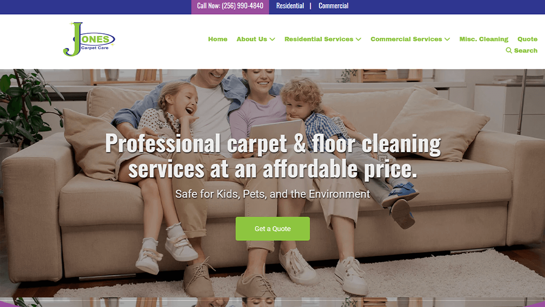 A happy family sitting on a clean, comfortable sofa in a bright living room, featured on the Jones Carpet Care website. The image promotes their professional and affordable carpet and floor cleaning services, emphasizing safety for kids, pets, and the environment.