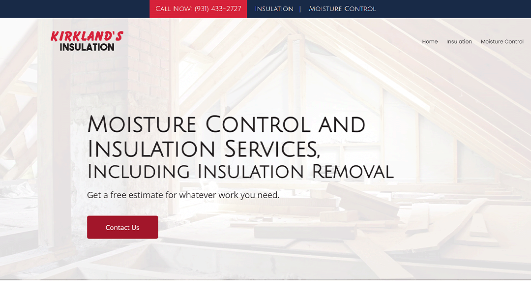 Homepage of Kirkland's Insulation, featuring an image of an attic under construction. The text 