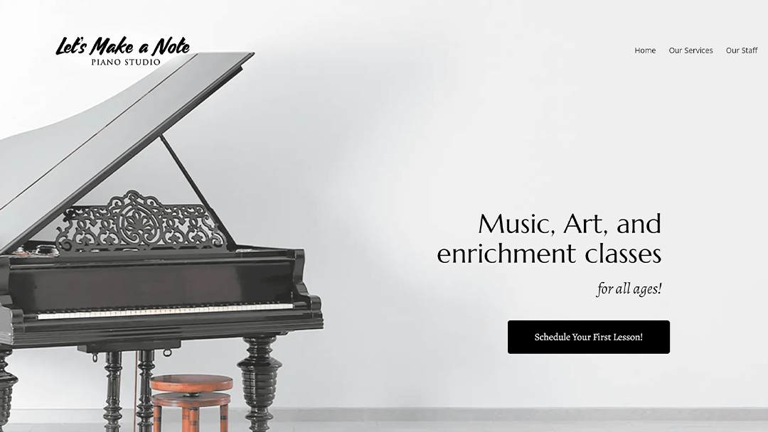 Elegant black grand piano with intricate detailing, displayed in a minimalistic room. The Let's Make a Note Piano Studio logo is visible along with navigation links. Text overlay reads 
