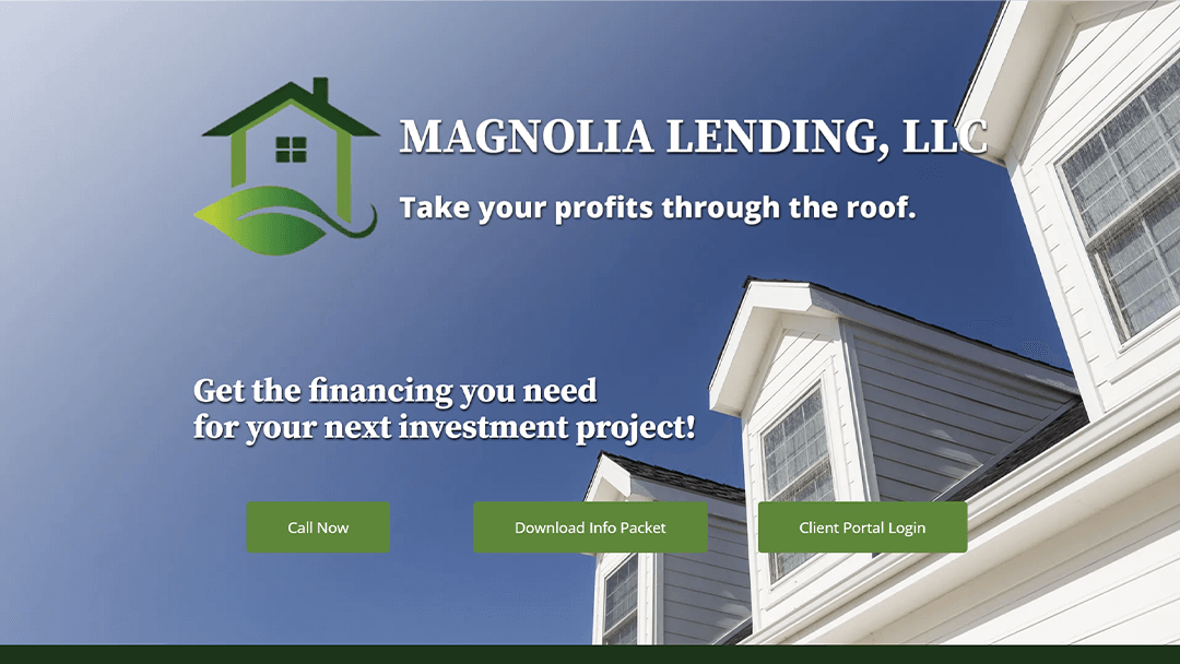 Magnolia Lending, LLC website screenshot with a house roofline. Text: 