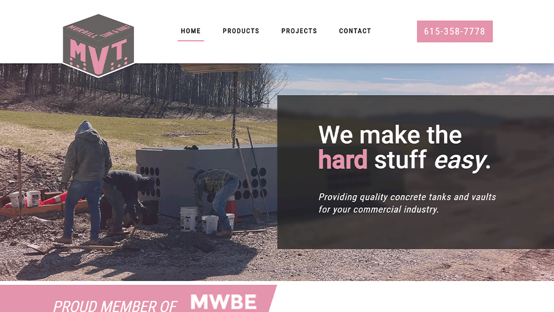 Homepage of Murrell Vault Tanks (MVT), featuring workers installing a large concrete tank outdoors. The text 