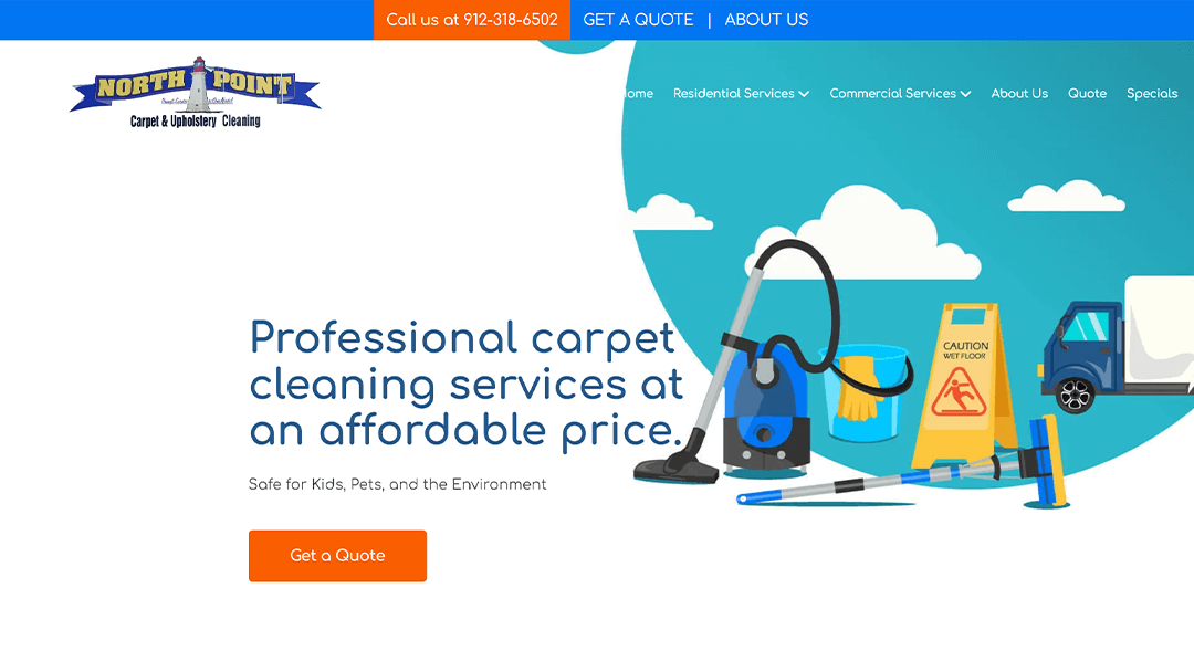 Illustrations of cleaning equipment, including a vacuum, mop, bucket, and caution sign, featured on the North Point Carpet & Upholstery Cleaning website. The image emphasizes their professional, affordable carpet cleaning services, safe for kids, pets, and the environment.