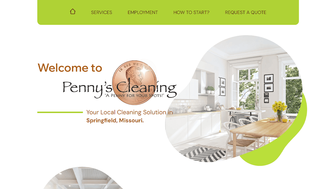 A bright and tidy kitchen with modern decor, featured on the Penny's Cleaning website. The image promotes their local cleaning services in Springfield, Missouri, with the tagline 'A penny for your spots!
