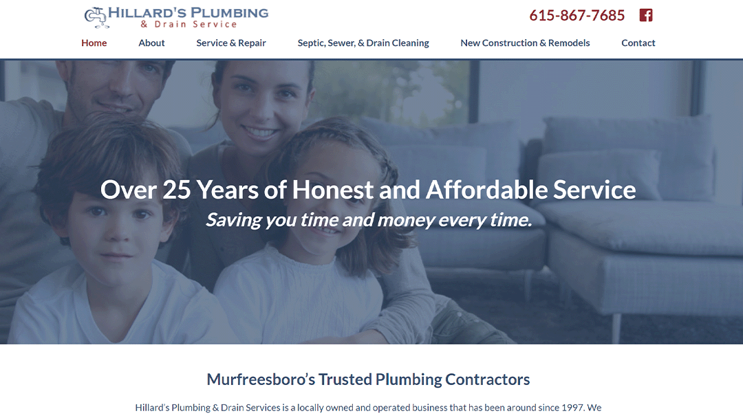 Homepage of Hillard's Plumbing & Drain Service, featuring a smiling family sitting on a couch in the background. The text 