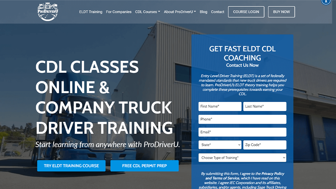 ProDriverU website showcasing CDL classes online and company truck driver training. The background features a blue semi-truck in front of a warehouse. A contact form on the right requests name, phone, email, state, zip code, and type of training. Buttons at the bottom offer options to try the ELDT training course and free CDL permit prep.