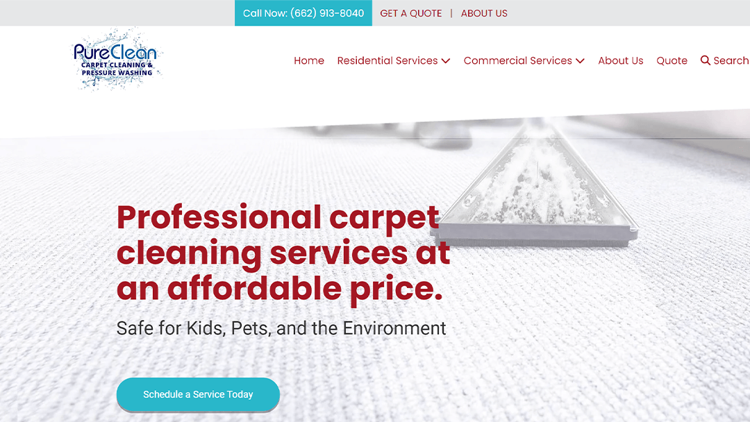 A close-up of a professional carpet cleaning machine in action, featured on the PureClean Carpet Cleaning & Pressure Washing website. The image emphasizes their affordable, eco-friendly services that are safe for kids and pets.