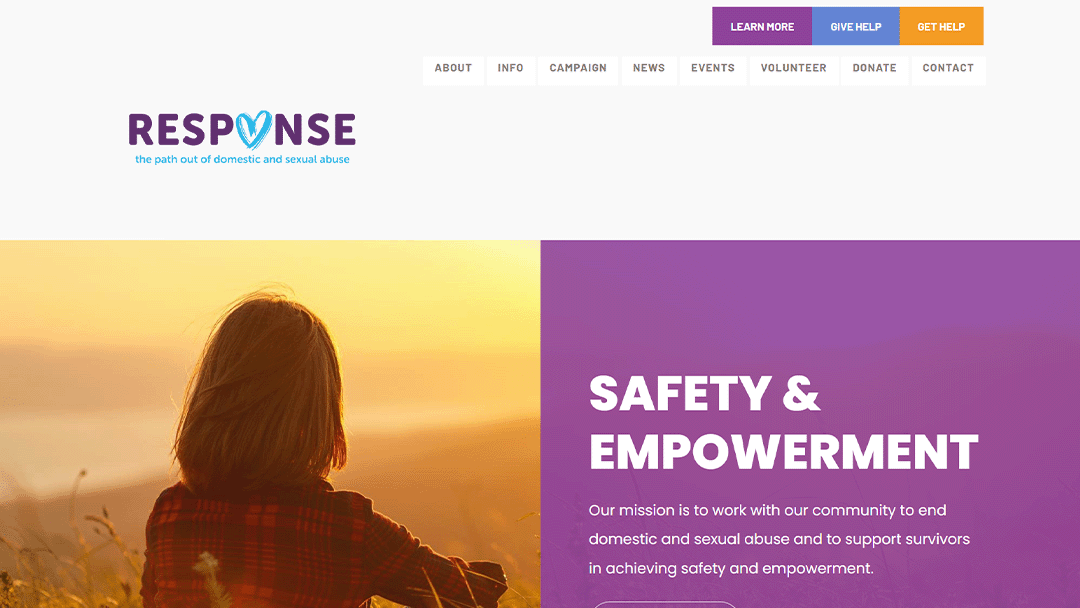 A woman with shoulder-length hair looks towards a sunset in a field, symbolizing hope and renewal. The image is part of a website banner for RESPONSE, an organization dedicated to ending domestic and sexual abuse.