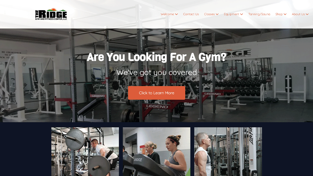 Interior view of The Ridge Gym and Fitness Center, showcasing weightlifting and cardio equipment. The Ridge logo is visible along with navigation links. Text overlay reads 