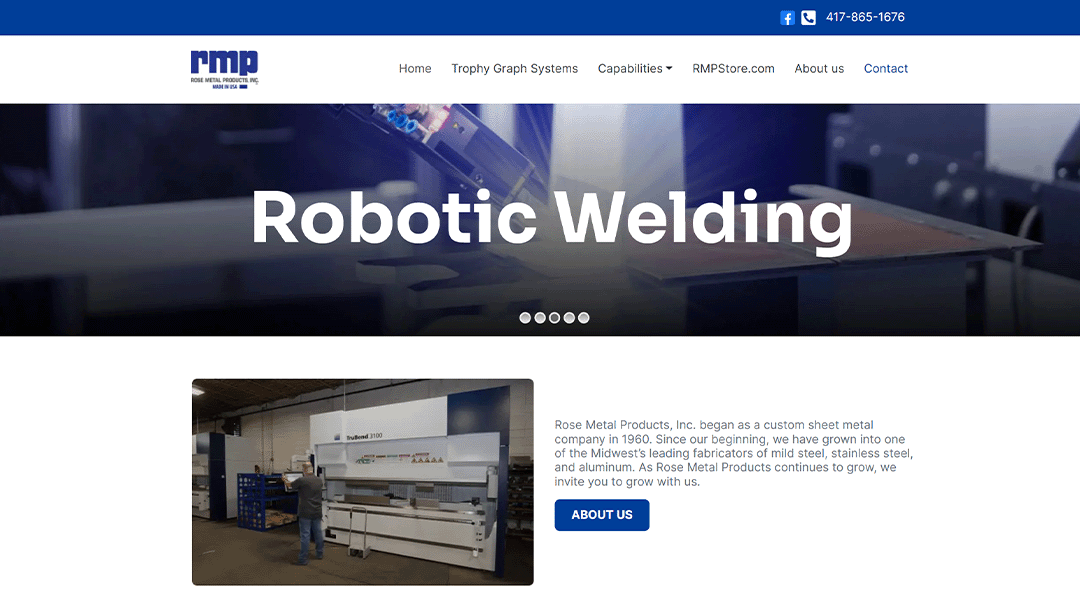 Screenshot of the Rose Metal Products, Inc. homepage, featuring a robotic welding machine in the background with the text 