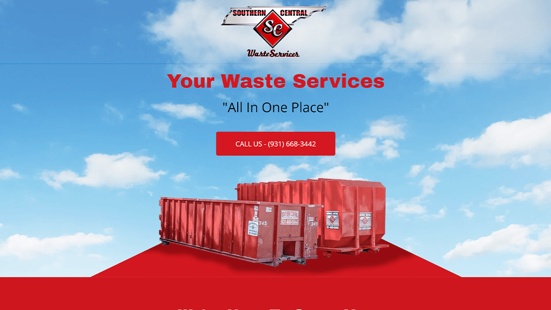 Red waste containers against a bright blue sky with clouds, featured on the Southern Central Waste Services website. The image promotes their comprehensive waste management services, with a call to action to contact them for more information.