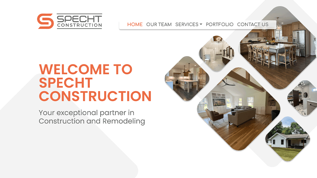 Specht Construction website with a collage of interior and exterior home images. Text reads: 