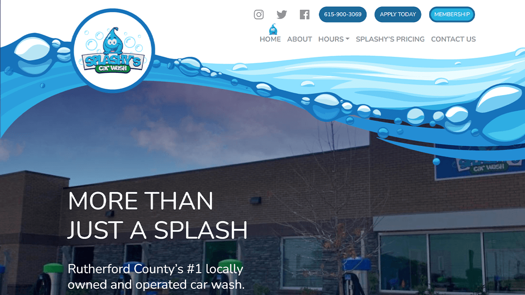 The exterior of Splashy's Car Wash with a cartoon water splash design at the top of the page. The image promotes Splashy's as Rutherford County's number one locally owned and operated car wash, highlighting their services and inviting customers to join their membership.