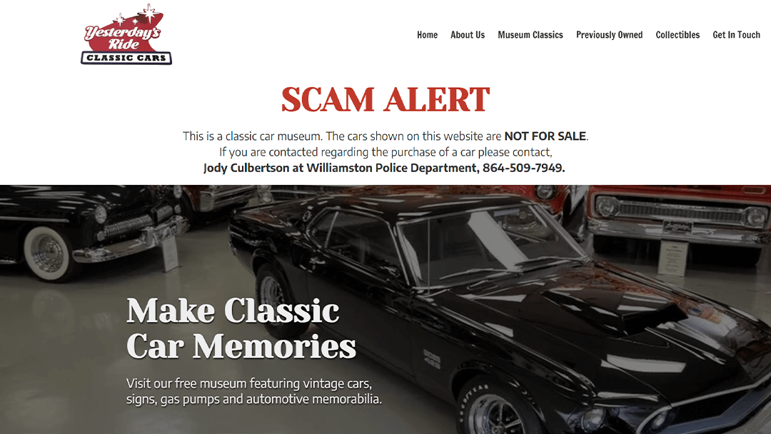 A display of classic cars at Yesterday's Ride Classic Cars museum, emphasizing the museum experience with vintage vehicles and memorabilia. A prominent 'Scam Alert' warning at the top clarifies that the cars are not for sale and provides contact information for reporting any scams.