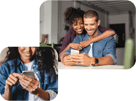 A collage showing a couple happily looking at a smartphone together, and a woman smiling while using her phone, conveying connection and enjoyment through mobile technology.