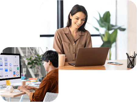 A split image showing a woman smiling while working on a laptop at a desk, and another person designing on a desktop computer, suggesting a creative or remote work environment.