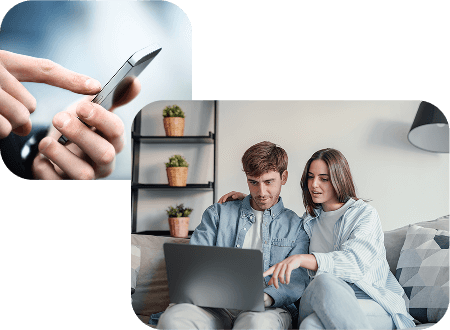 A composite image of a close-up hand using a smartphone and a couple sitting on a couch looking at a laptop together, representing shared digital experiences and online interaction at home.
