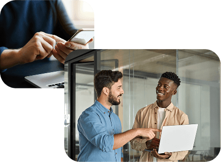 A composite image featuring hands using a smartphone and laptop, alongside two men standing in an office discussing something on a laptop, highlighting teamwork and digital communication.