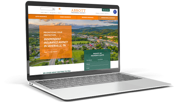 A laptop displaying the homepage of Abbott Insurance Agency, featuring scenic imagery of Sevierville, TN and sections for requesting insurance quotes and exploring coverage options.