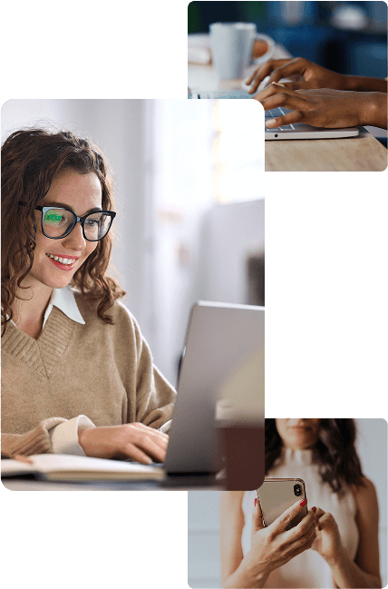 web-design-go-to A collage showing people using digital devices: a woman smiling while working on a laptop, hands typing on a keyboard, and another woman holding a smartphone, representing online communication or remote work.