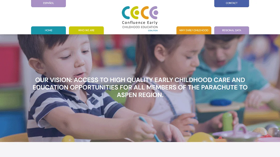 Young children engaged in playful learning activities at a brightly colored early childhood education center. The image is used on the Confluence Early Childhood Education Coalition's website, which advocates for high-quality early childhood care and education opportunities in the Aspen region.