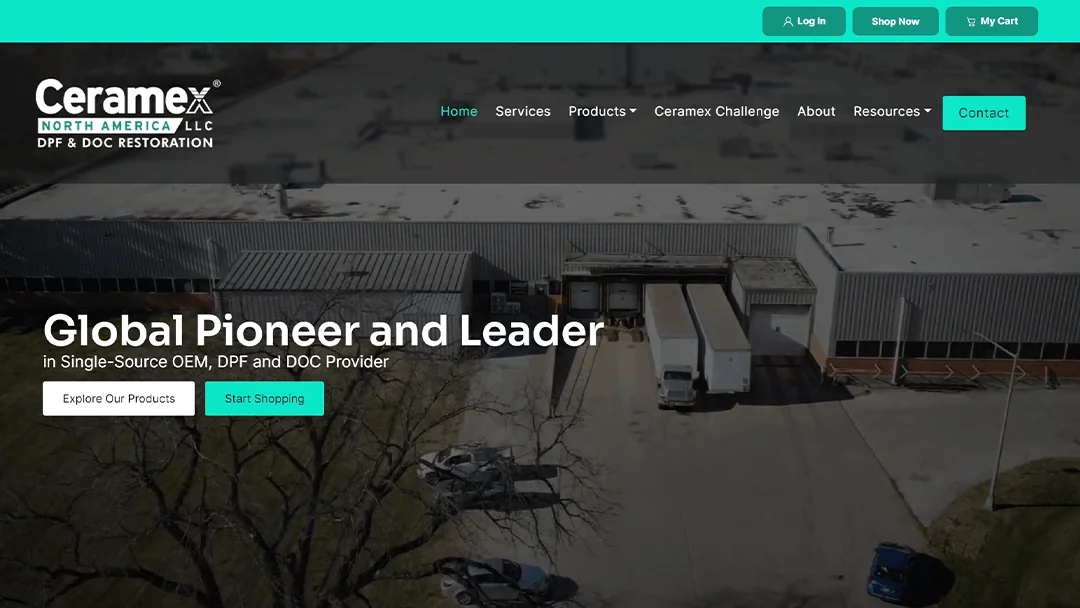 Homepage of Ceramex North America LLC, featuring an aerial view of the company's industrial facility. The text 
