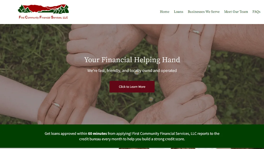 Four hands of diverse individuals clasping each other's wrists, symbolizing unity and support. The First Community Financial Services, LLC logo is visible along with navigation links. Text overlay reads 