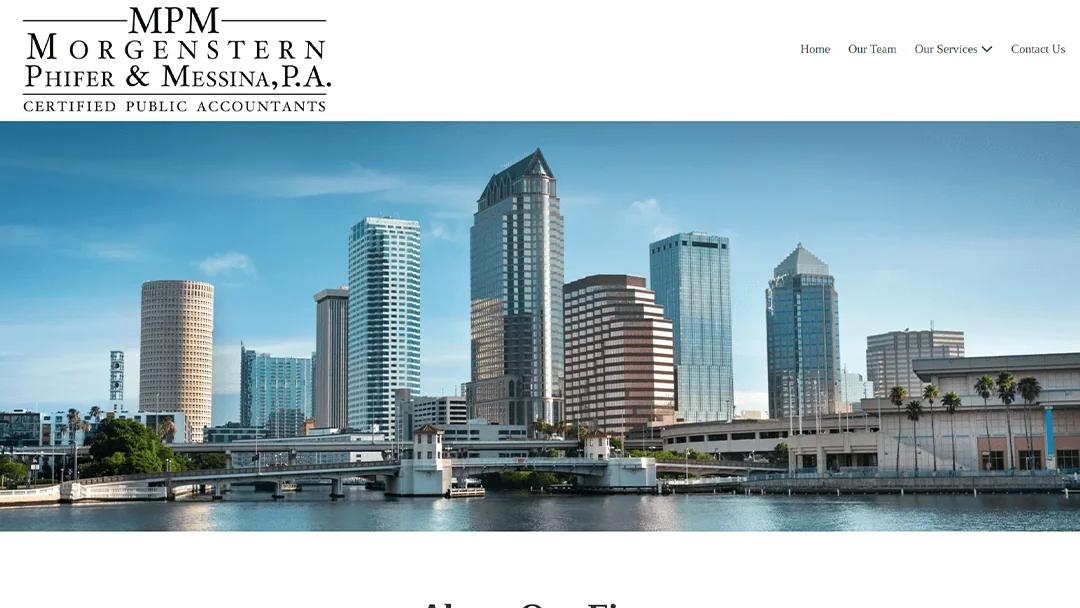 Skyline view of a city's downtown area with modern high-rise buildings along the waterfront. The Morgenstern Phifer & Messina, P.A. logo is visible, indicating certified public accountants. Navigation links to home, team, services, and contact are present.