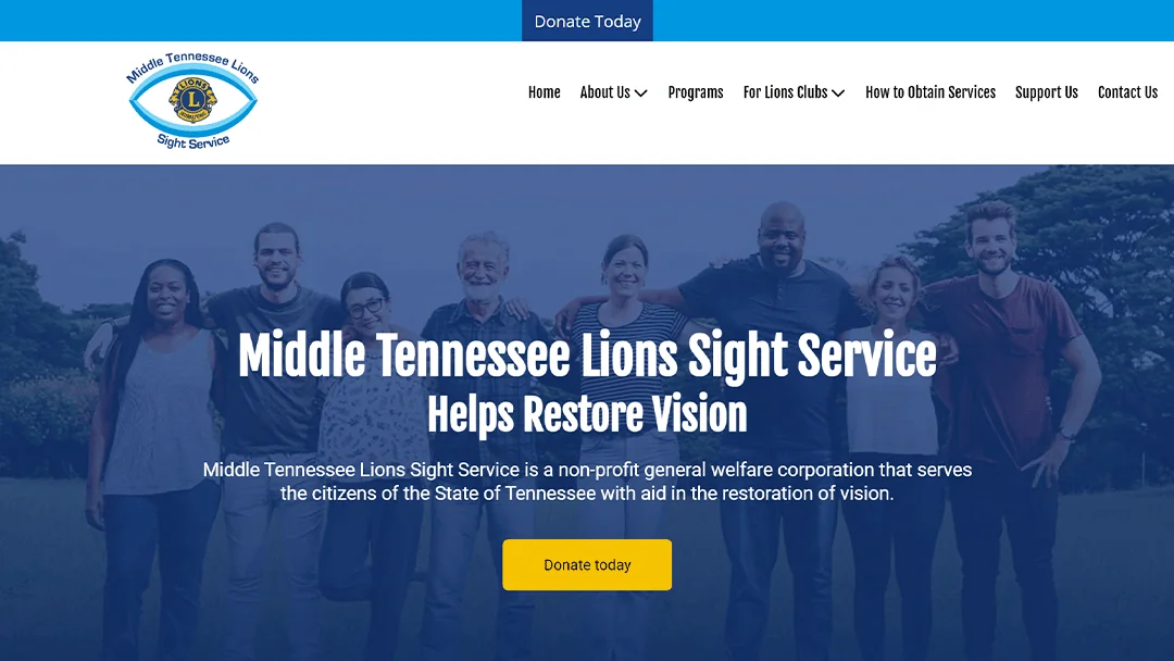 A diverse group of people stands together, smiling and linking arms in a park, representing community and support. The image is featured on the Middle Tennessee Lions Sight Service website, which focuses on restoring vision for Tennessee residents.