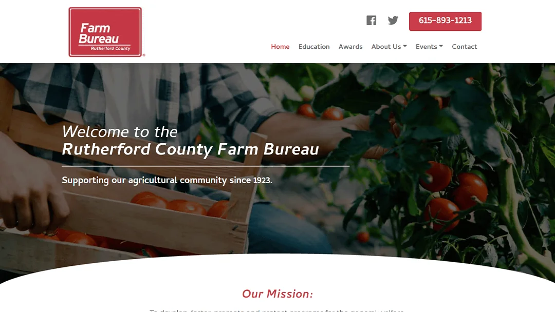 Rutherford County Farm Bureau website screenshot. A person holds a crate of tomatoes in a garden. Text: 