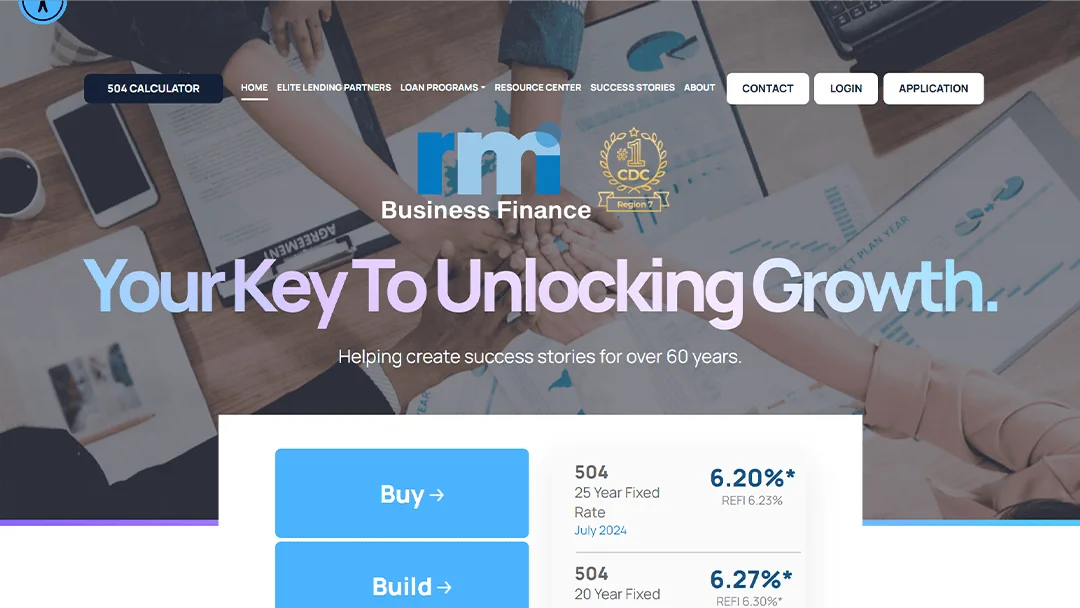 A group of professionals joining hands over a business meeting table, featured on the RMI Business Finance website. The image underscores their role in helping businesses unlock growth through financial services and support, promoting over 60 years of success stories.