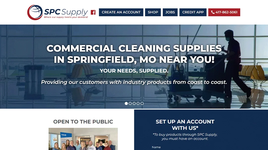 SPC Supply website featuring a background image of a janitor pushing a cleaning cart in a commercial setting. Text reads: 