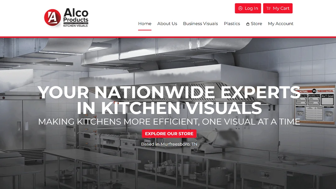 Homepage of Alco Products Kitchen Visuals, featuring a professional kitchen setup. The text 