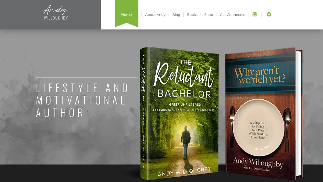 A screenshot of an author's website. The background is gray with a watercolor effect, and text reads 